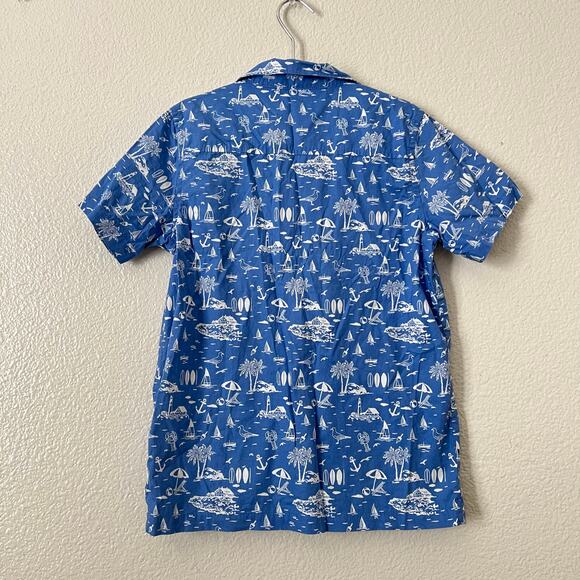 Janie & Jack Button Up Collared Hawaiian Shirt blue white print short sleeve - Picture 3 of 5